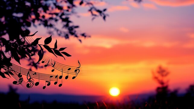 The sun descends behind a tree adorned with musical notes on its branches in the foreground - Powered by Adobe