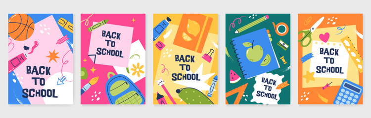 Fototapeta premium Playful Back to School poster collection with school supplies, brushstroke and shape. Hand drawn vector illustration for ads, educational flyers and print.