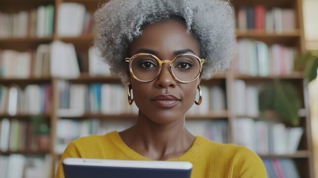 Senior Black woman reading on tablet in library with focus, Concept of Senior Tech Lifestyle  