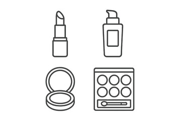 Beauty cosmetics outline icon set. Vector collection of makeup product symbols. Lipstick, foundation, eyeshadow palette, and compact powder line art for glamor and fashion.