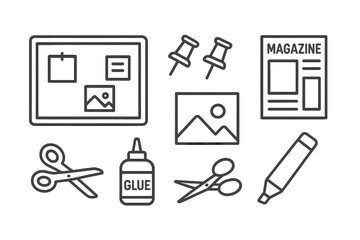 Vision board creation kit. Outline icons for goal setting, dreams, planning and motivation. DIY scrapbooking and moodboard vector set with corkboard, pushpins, photo, magazine.