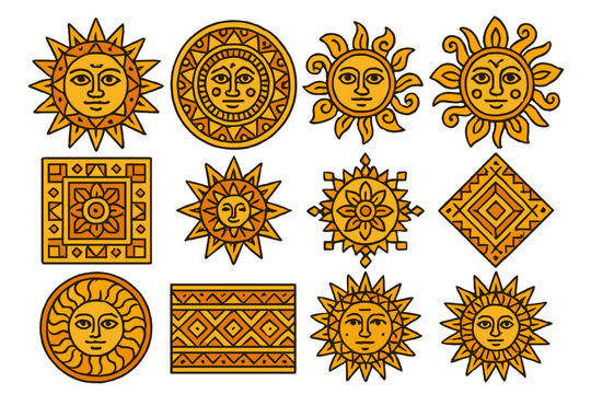Vibrant traditional geometric sun motif patterns, ornate cultural decorative vector illustrations, ethnic solar ornament design set, aztec tribal decorative heritage artwork, seamless ethnic elements