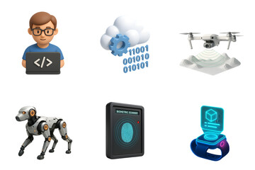 Modern technology icons including a programmer cloud computing drone robot dog fingerprint scanner and holographic display