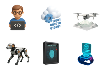 Modern technology icons including a programmer cloud computing drone robot dog fingerprint scanner and holographic display