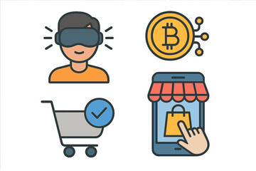 Set of modern technology icons. Virtual reality, cryptocurrency, and online shopping concept. E-commerce, bitcoin, and metaverse symbols for modern digital life. Vector art.