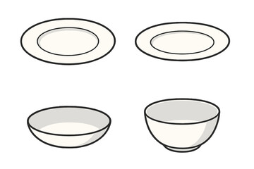 Fototapeta premium Modern minimalist plate and bowl set vector illustration. Contemporary tableware, flat and deep dish styles. Elegant dining essentials for restaurant, kitchen, food service, culinary art, home decor.