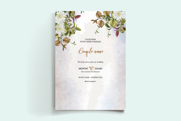 WEDDING INVITATION FRAME WITH FLOWER DECORATIONS AND FRESH LEAVES