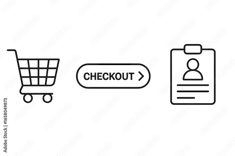 Poster e-commerce checkout process outline icon set with shopping cart, checkout button, user profile and b