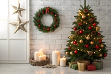 Cozy Christmas Corner with Decorated Tree, Wreath, and Candles Christmas tree stars