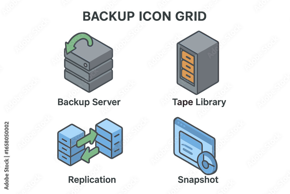 Poster backup and disaster recovery icon set. isometric flat icons of backup server, data replication, tape