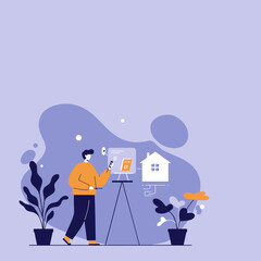 Man managing smart home system on a screen with smartphone. Concept of modern technology, automation, IoT, and remote house control for security or convenience.