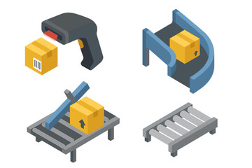 Warehouse automation isometric vector icon set. Logistics, delivery and distribution center elements. Barcode scanner, parcel on conveyor belt, automated sorting and roller system.