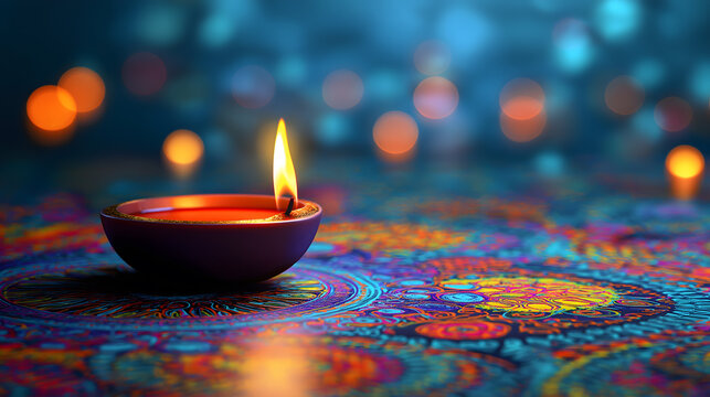 Clay diya lamp burning with rangoli design on bokeh background with copy space, Happy Diwali