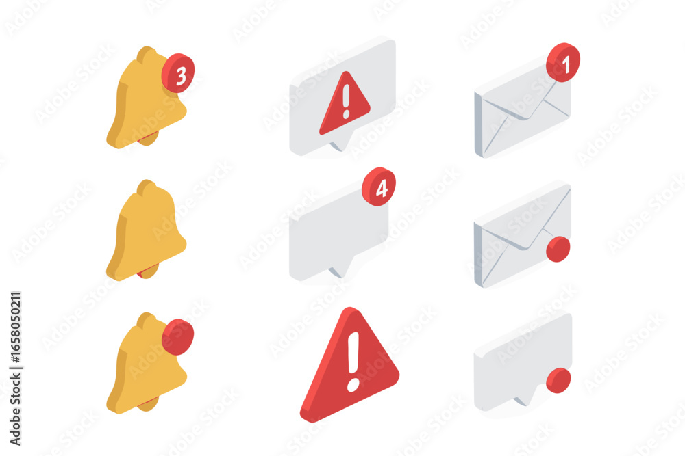 Poster isometric notification icon set for ui ux design. includes bell, email, chat bubble, and alert symbo