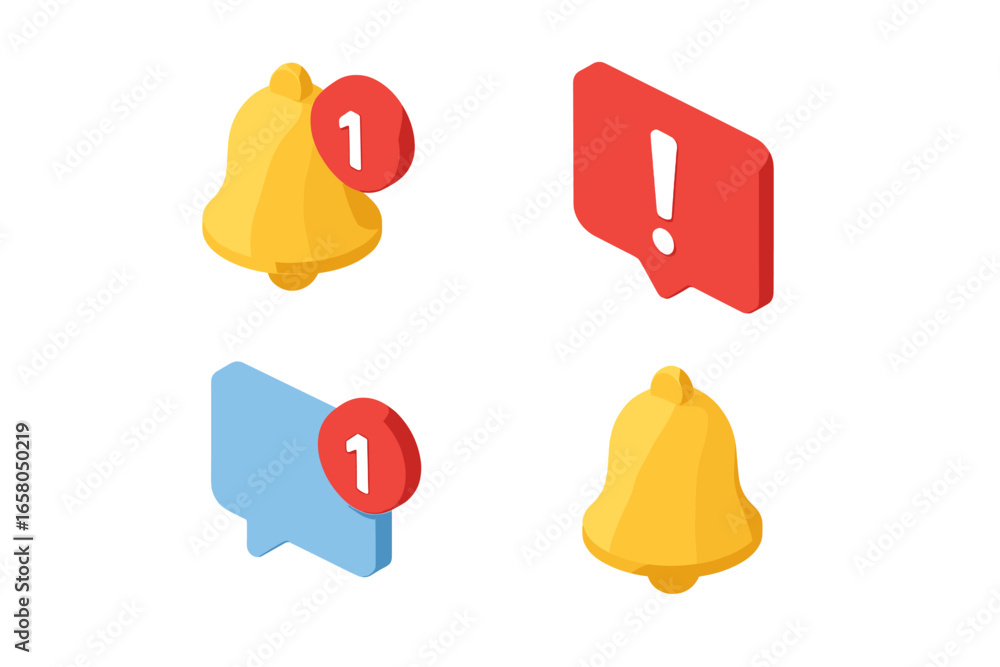 Poster isometric notification icon set for web and mobile app design. vector symbols of alert bell, new mes