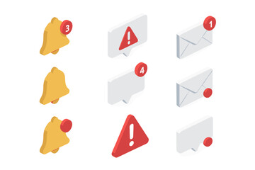 Isometric notification icon set for UI UX design. Includes bell, email, chat bubble, and alert symbols with unread message badges. Concept for digital overload, reminders, and communication.