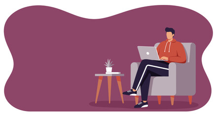 Man comfortably works remotely on laptop in an armchair, showcasing flexible modern work-life balance and digital productivity.