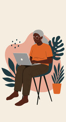Mature Black woman using a laptop in a relaxed home setting, highlighting digital literacy, remote work, and modern lifestyle for seniors.