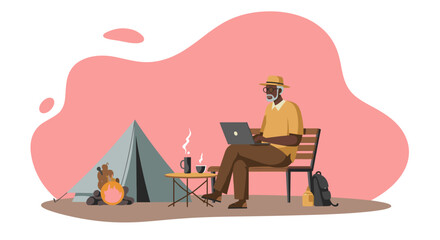 Senior man enjoying remote work on a laptop during a peaceful camping trip outdoors. Relaxed digital nomad lifestyle. © Business Solution