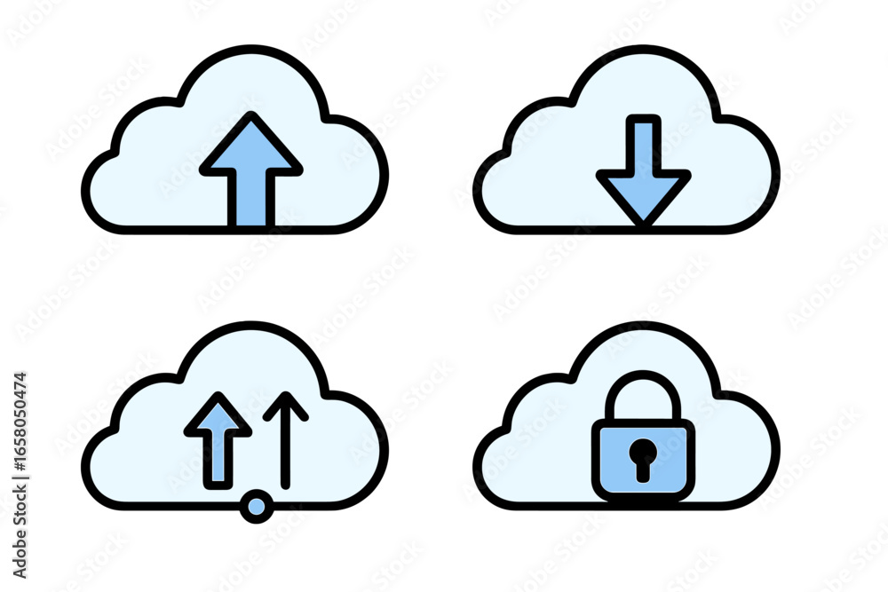 Poster cloud computing icon set. vector cartoon symbols for upload, download, data transfer and security. s