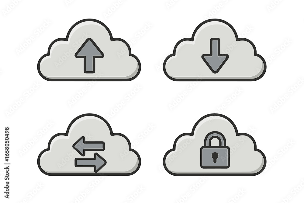 Poster cloud computing icons. upload, download, data transfer, security. cloud storage service. network tec