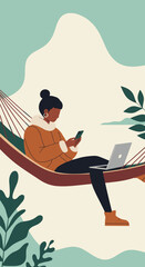 Person in a hammock using a smartphone and laptop, blending relaxation with remote work in a tranquil outdoor setting. Digital nomad lifestyle.
