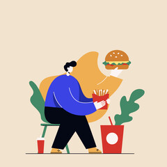 Person enjoying a fast food meal with french fries, hamburger, and soda. Depicts casual dining, takeaway, or quick lunch concepts.