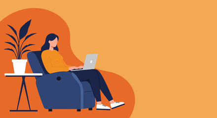 Woman comfortably working from home on her laptop. Ideal for concepts of remote work, online learning, and digital lifestyle.