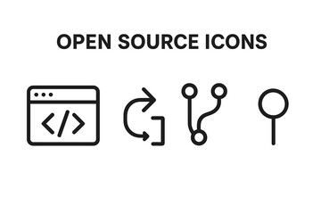 Open source icons set. Outline vector illustrations of code repository, pull request, merge branch, commit symbol. Developer tools, programming contribution. Version control. Transparent background.