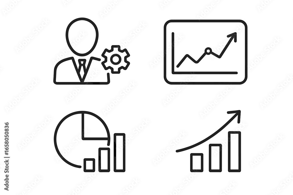 Poster business and analytics outline icons set. linear vector symbols for data analysis, statistics, and g
