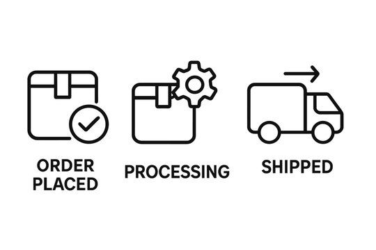 Order Tracking Status Icons. Vector Outline Set with Order Placed Checkmark, Processing Gear, Shipped Delivery Truck. E-Commerce Logistics Progress Steps Concept. Isolated Transparent Background.