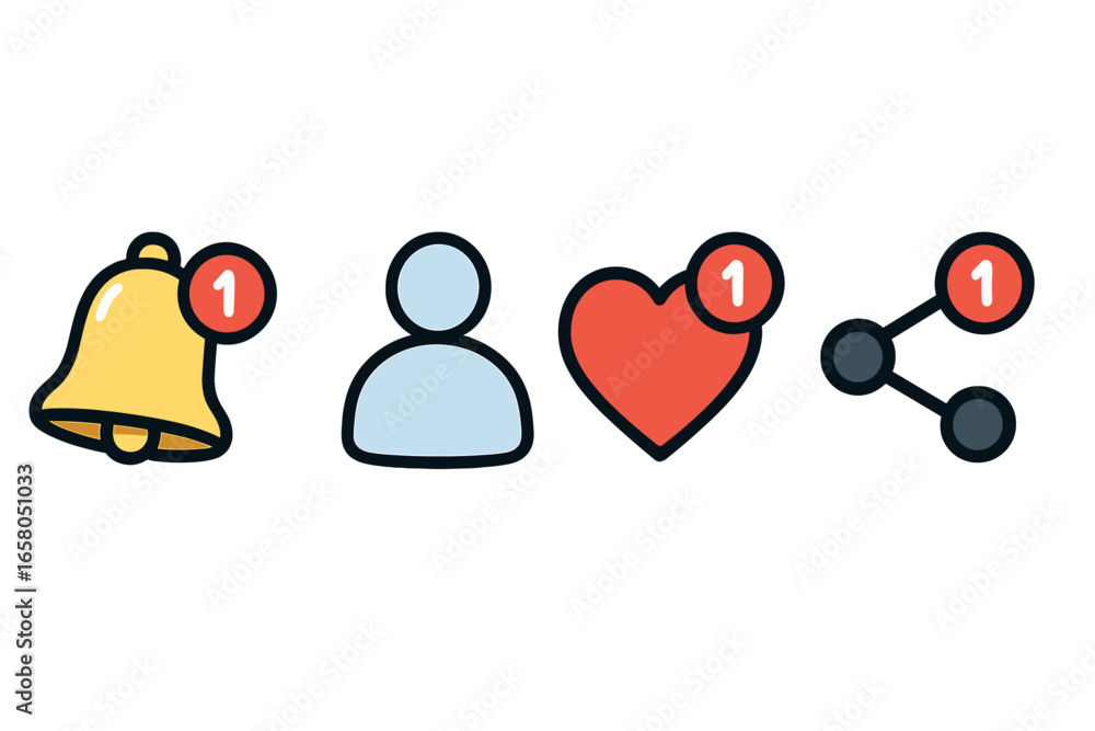 Poster social media notification icon set with bell, user profile, heart like, and share symbols. vector ca