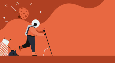 Astronaut explores a red alien landscape with a scientific rover, symbolizing space discovery, future missions, and innovation.