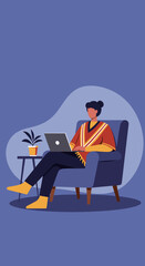 Person working comfortably on laptop in armchair at home. Ideal for concepts of remote work, online education, and modern digital lifestyle.