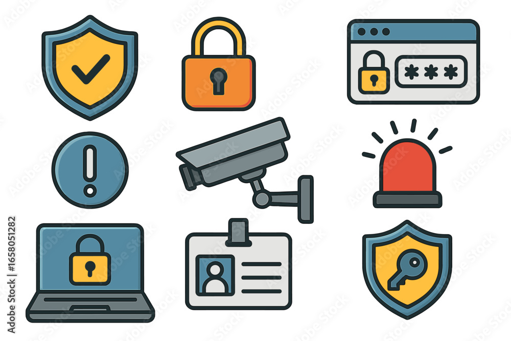 Poster security icon set. cybersecurity and data protection concept. vector icons for safety systems, passw