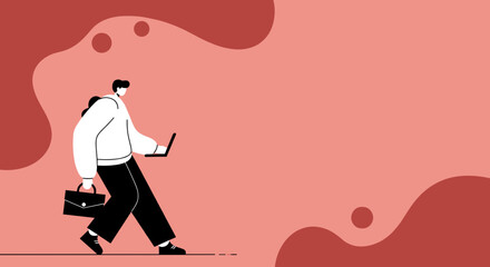 Dynamic professional on the go, walking while working on a laptop and carrying a briefcase. Ideal for modern business, remote work, or productivity concepts.