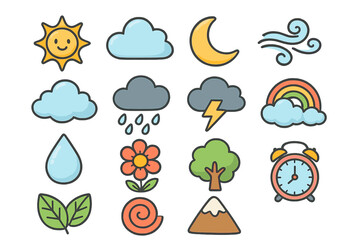 Cute weather and nature icon set. Collection of simple cartoon vector illustrations. Sun, cloud, rain, storm, wind, rainbow, moon, flower, tree, mountain, water, and time.