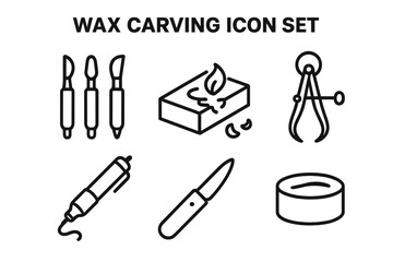 Obraz premium Wax carving icon set for jewelry design and craft. Outline icons of wax modeling and sculpting tools. Vector collection with wax block, calipers, wax pen, knife and pot.