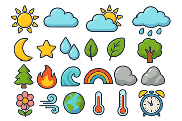 Colorful weather and nature icon set. Big collection of cute cartoon vector symbols. Sun, cloud, rain, moon, star, fire, water wave, rainbow, tree, earth, thermometer, clock.