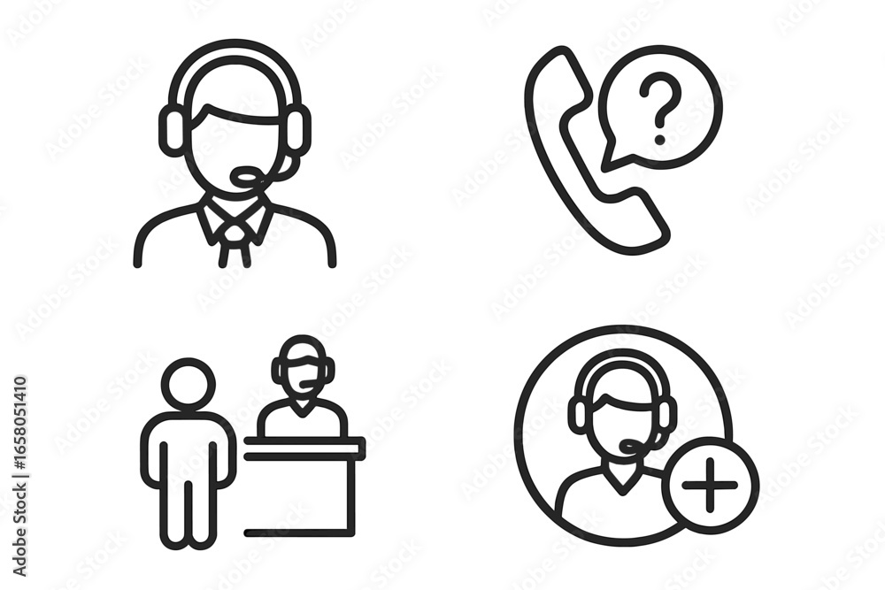 Poster customer service icon set. call center operator with headset, help desk agent, client at reception, 