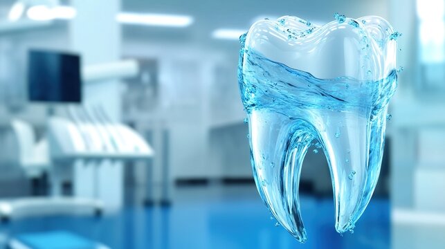 Tooth Model Surrounded by Water in Dental Clinic Scene, Presenting Oral Health and Cleaning Concept
