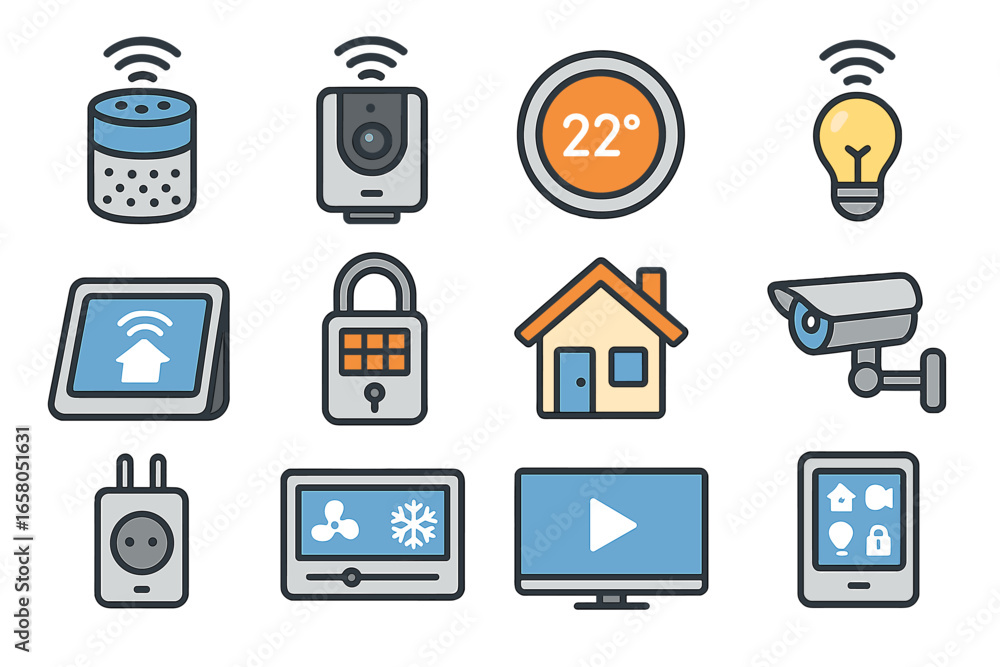 Poster smart home icons collection. vector symbols for home automation, internet of things. remote control 