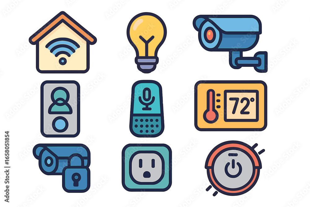 Poster smart home technology vector icon set. home automation system elements. iot concept icons for securi