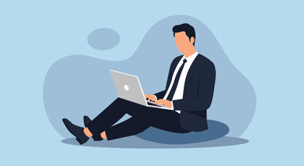 Professional man in a suit working on a laptop while sitting, showcasing remote work, flexibility, and modern business lifestyle concepts.