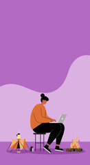 Person working on a laptop outdoors by a campfire and tent, depicting remote work, digital nomad lifestyle, and work-life balance.