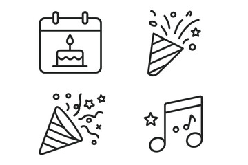 Event and celebration icons. Party popper, birthday calendar with cake and music note symbol set. Vector line art pictogram collection for anniversary, holiday or surprise.