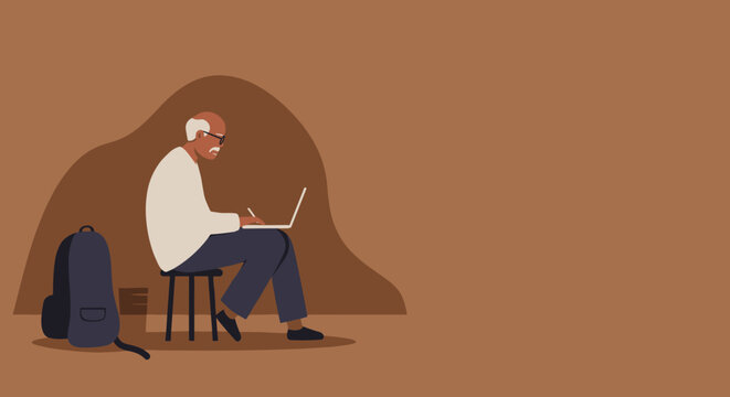 Elderly man focused on a laptop, embracing technology for learning or work. Represents digital literacy, senior education, and lifelong learning.