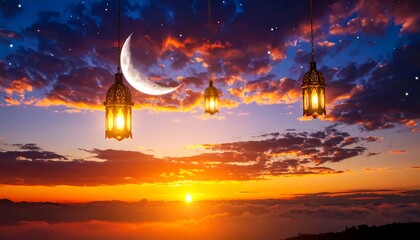 Sunset sky with lanterns and crescent moon