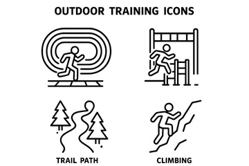 Obraz premium Outdoor Training Icon Set. Outline Vector Illustrations of Running Track, Obstacle Course, Trail Path, Climbing Activities. Fitness, Outdoor Recreation, Sports, Exercise, Adventure Concepts