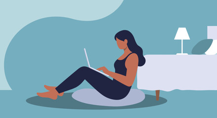Woman working on laptop at home, sitting comfortably on floor with bed nearby. Remote work, online learning, or digital leisure concept.